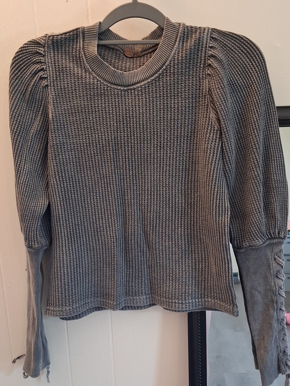 FP ONE Textured Thick Waffle Knit Lace-up Puff Sleeve Top in Dark Gray